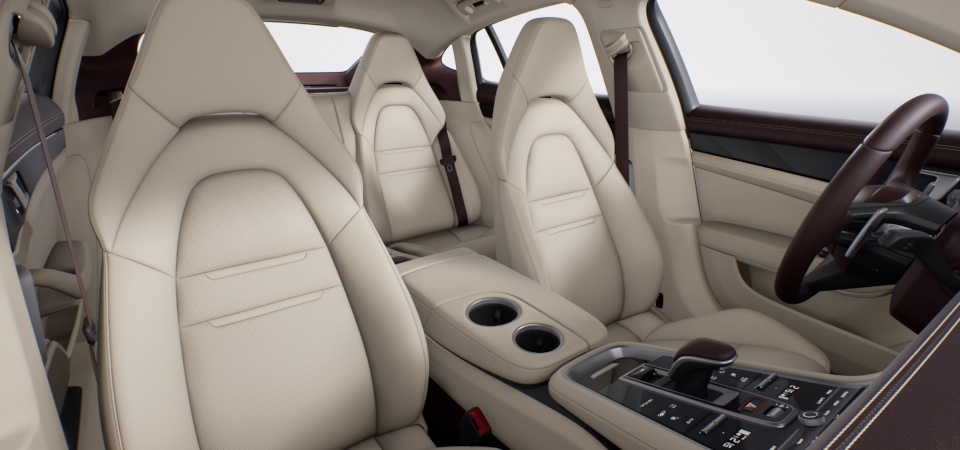 Two-tone leather interior in Marsala and Cream, smooth-finish leather