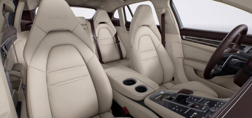 Two-tone leather interior in Marsala and Cream, smooth-finish leather