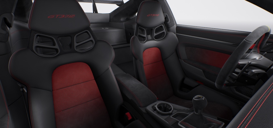 Interior with extensive leather / Race-Tex items in Black with contrasting color Guards Red