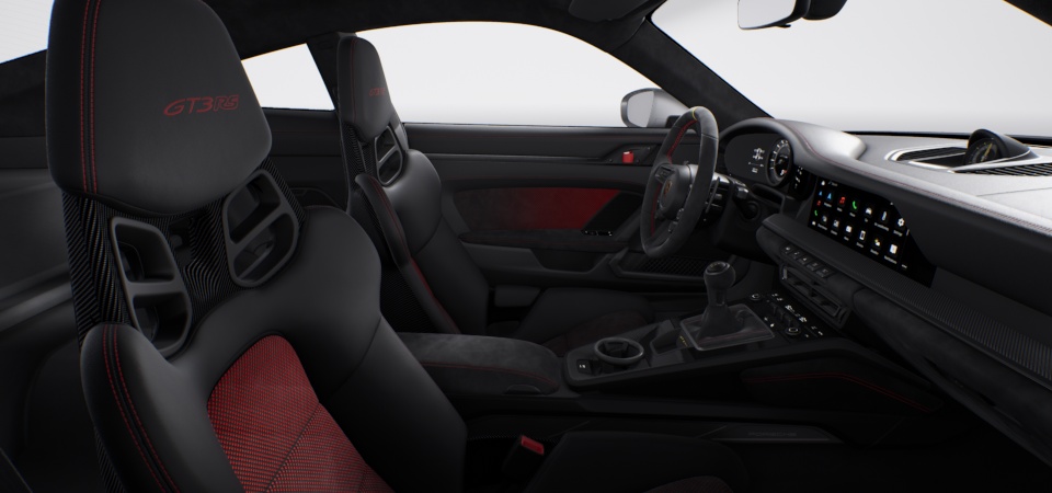 Interior with extensive leather / Race-Tex items in Black with contrasting color Guards Red