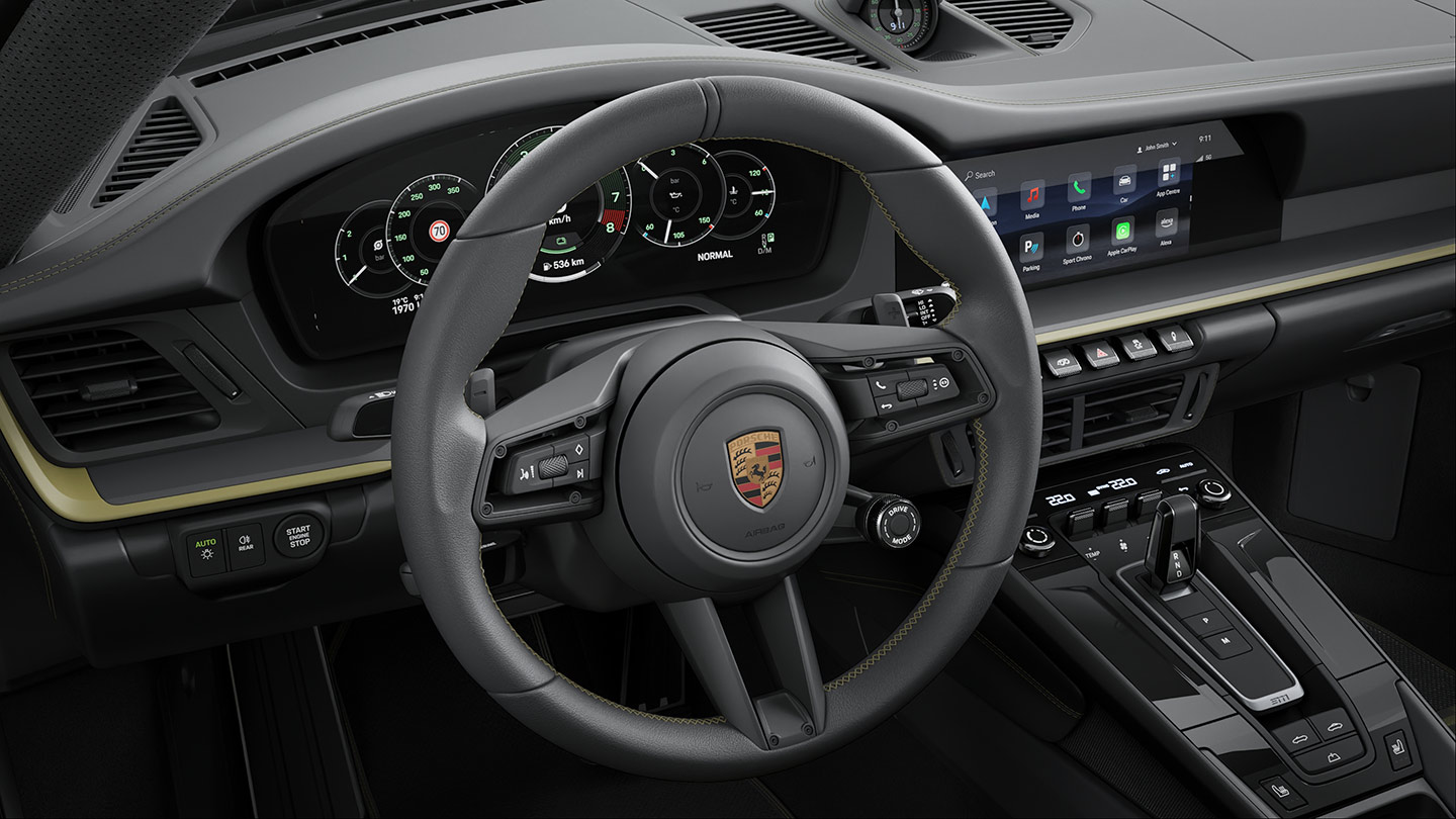Club leather interior in Basalt Black with textile Pasha in Black/Olive Neo