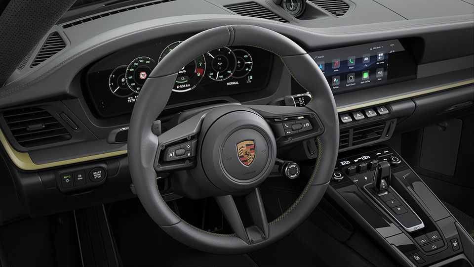 Club leather interior in Basalt Black with textile Pasha in Black/Olive Neo
