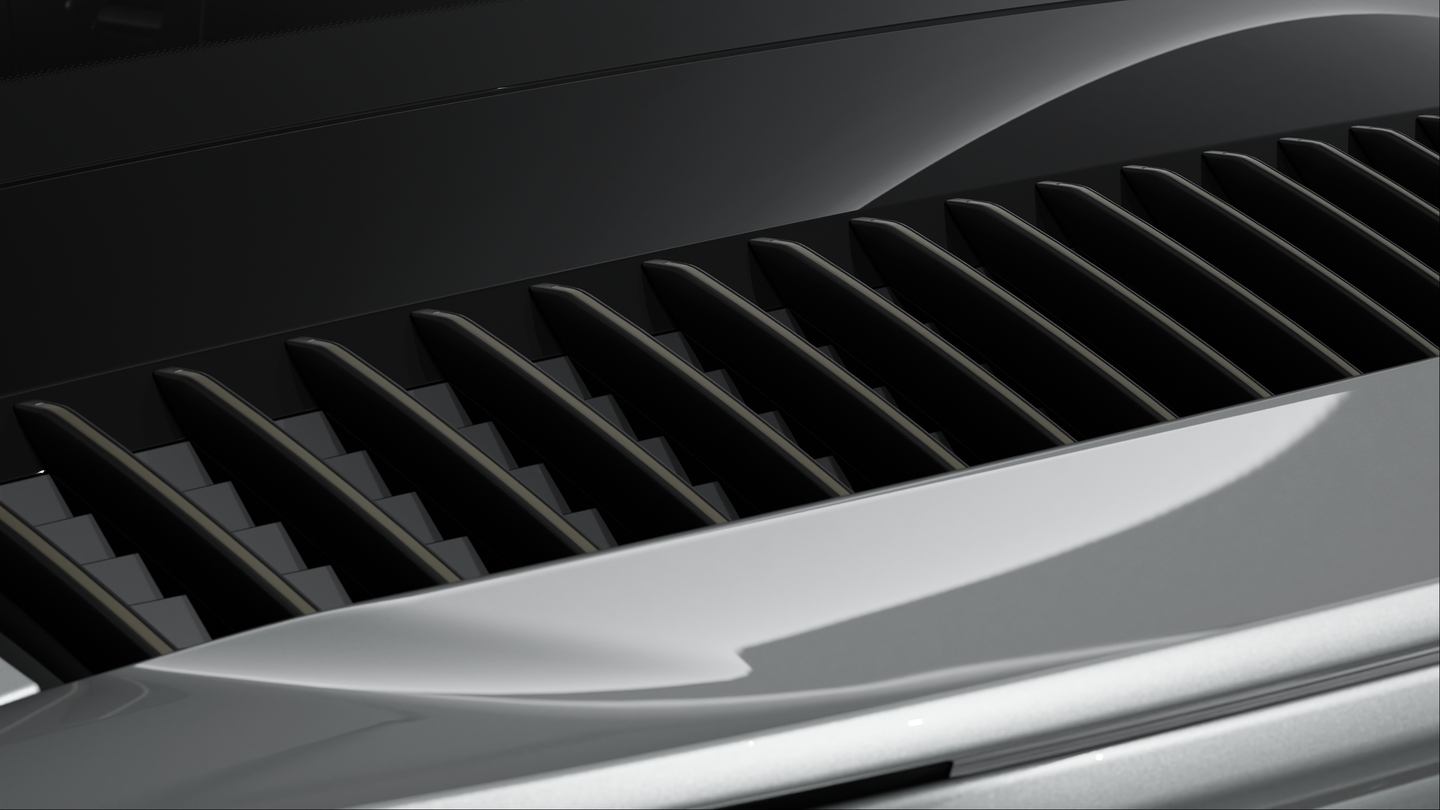 Rear lid grille with vertical slats in Turbonite