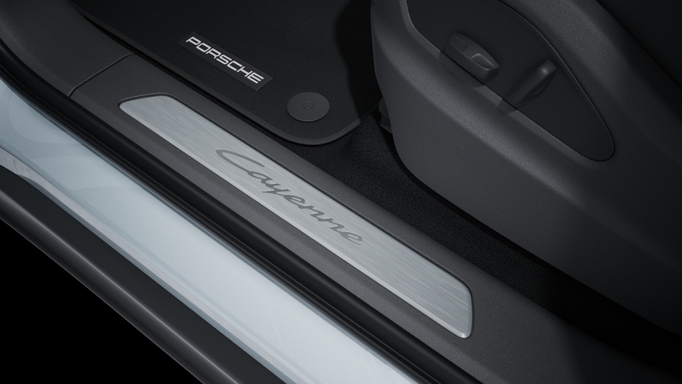 Door sill guards in aluminium with model designation