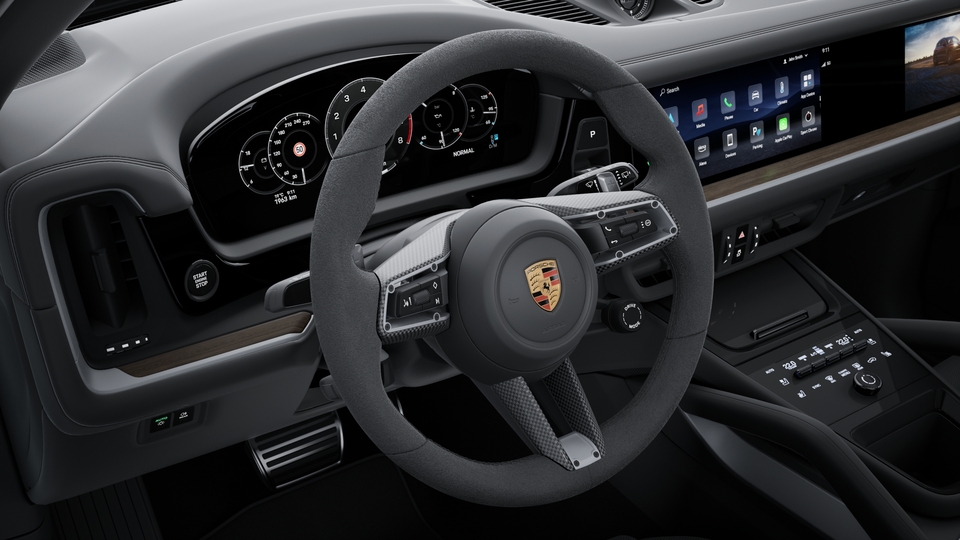 Heated multifunction GT Sports steering wheel in Race-Tex with inlay in carbon