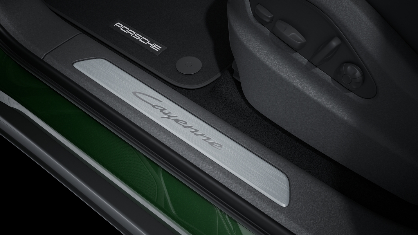 Door sill guards in aluminium with model designation
