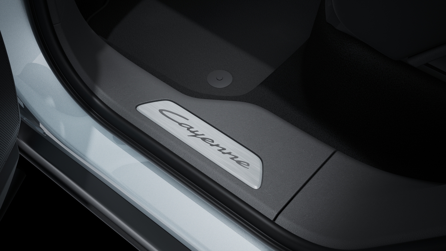 Door sill guards in aluminium with model designation