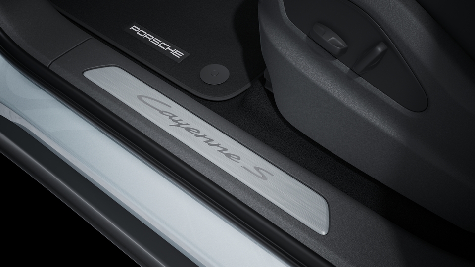 Door sill guards in aluminium with model designation