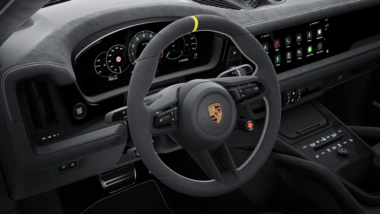 GT Sports steering wheel heated with rim in Race-Tex, twelve o'clock mark in Racing Yellow and stichting package in contrast colour