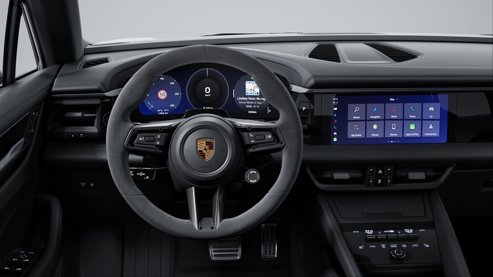 Heated multifunction GT Sports steering wheel in Race-Tex with inlay in carbon