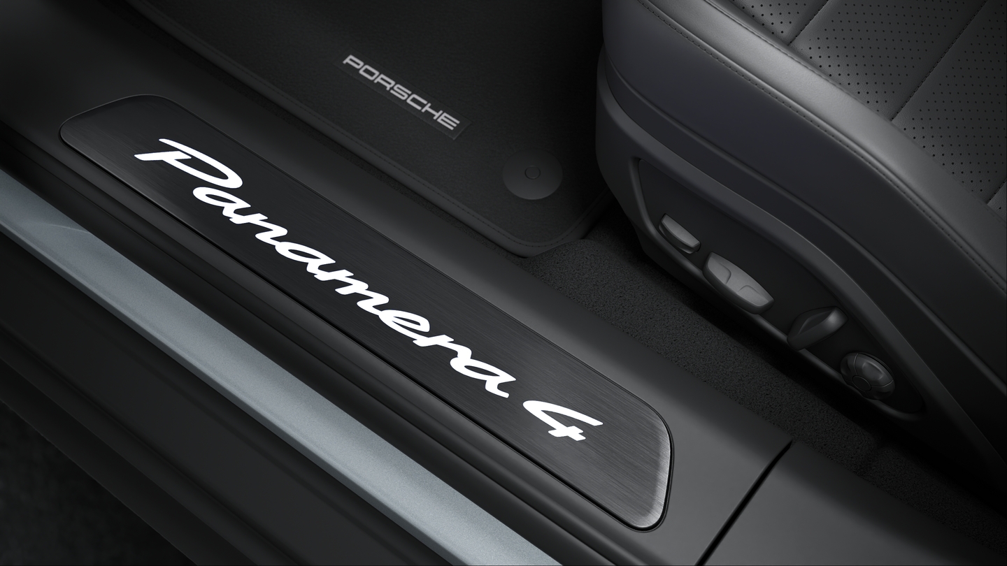 Door sill guards brushed aluminium in Black, illuminated