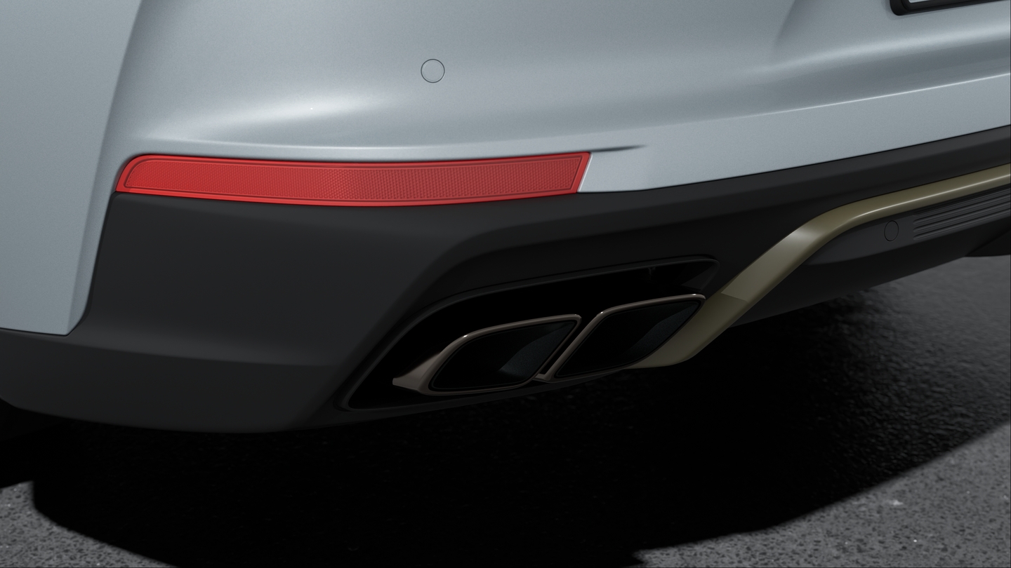Exhaust system with twin dual-tube Turbo tailpipes outside left and right in Dark Bronze
