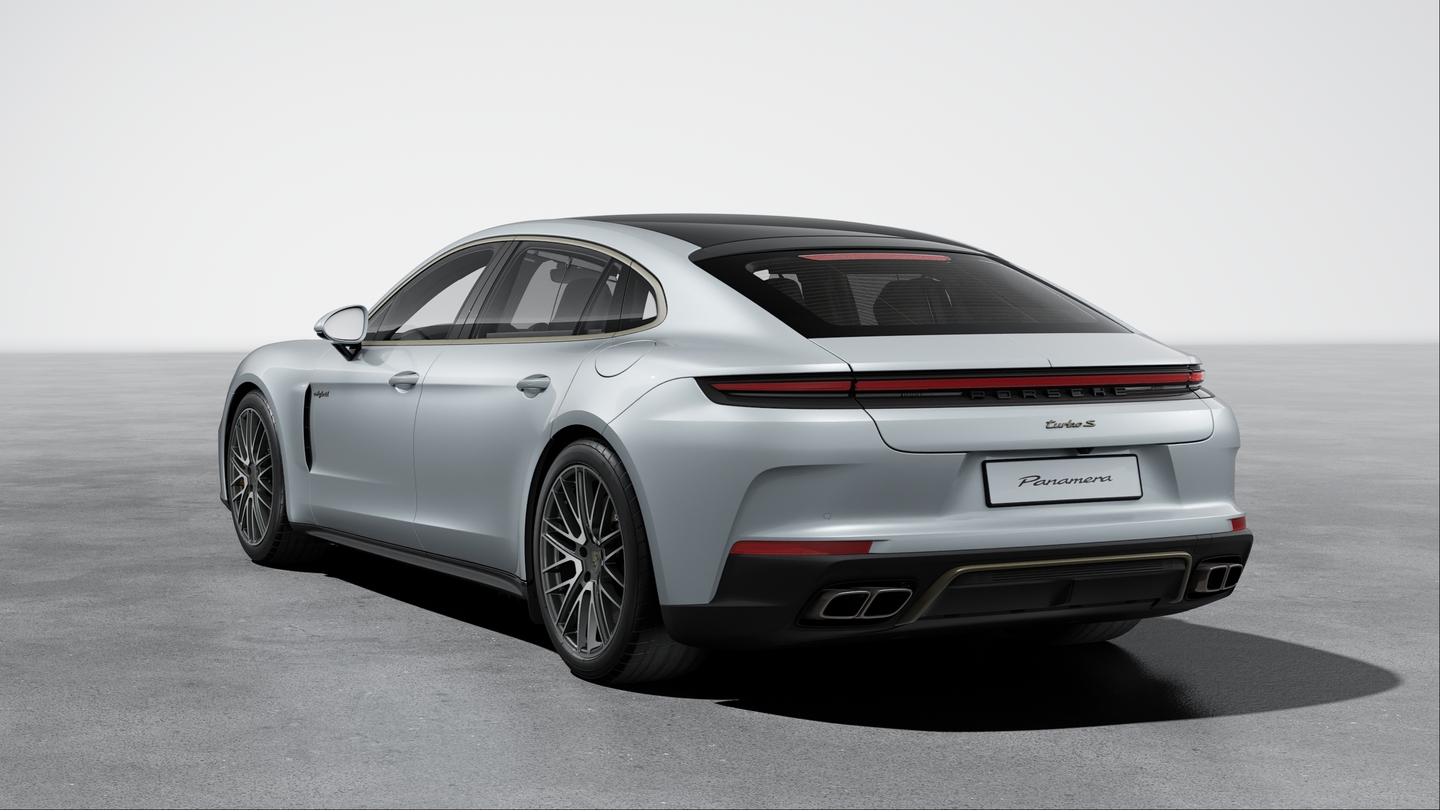Exhaust system with twin dual-tube Turbo tailpipes outside left and right in Dark Bronze