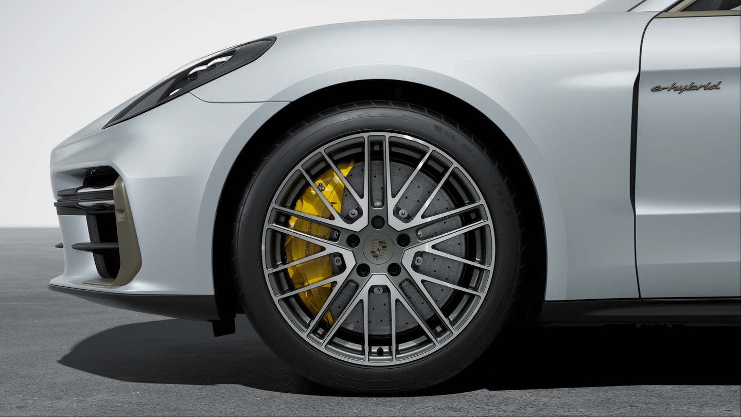 Porsche Ceramic Composite Brake (PCCB) with brake calipers painted in Yellow