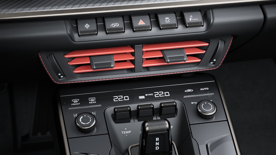 Slats painted and air vents leather with coloured decorative stitching