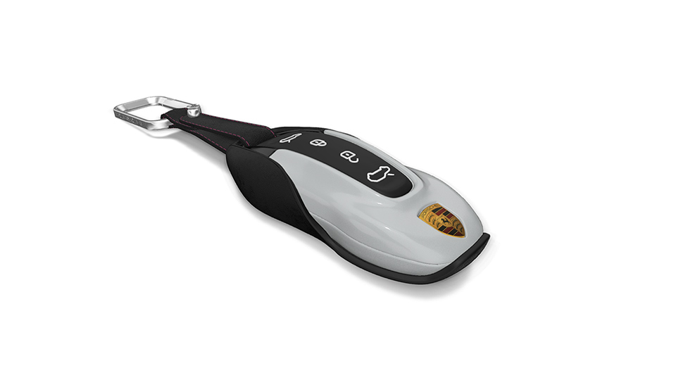 Vehicle keys painted and case in Race-Tex with coloured decorative stitching